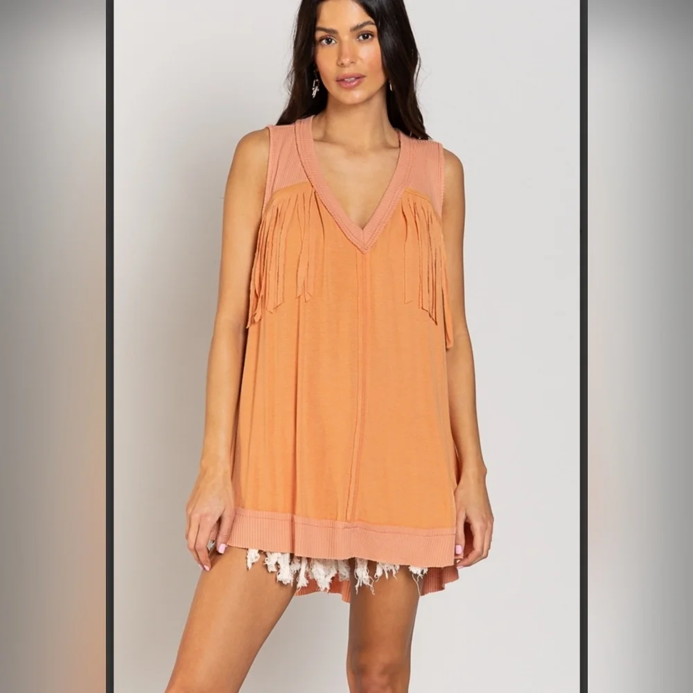 POL Women’s Tank Top, Coral with Fringe Detail. Multiple.Sizes - Picture 1 of 3